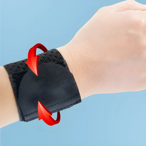 A black elastic breathable wrist guard for athletic support during gym workouts.