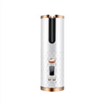 White portable curling iron with USB charging cable and gold ceramic barrel.