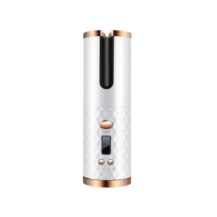 White portable curling iron with USB charging cable and gold ceramic barrel.