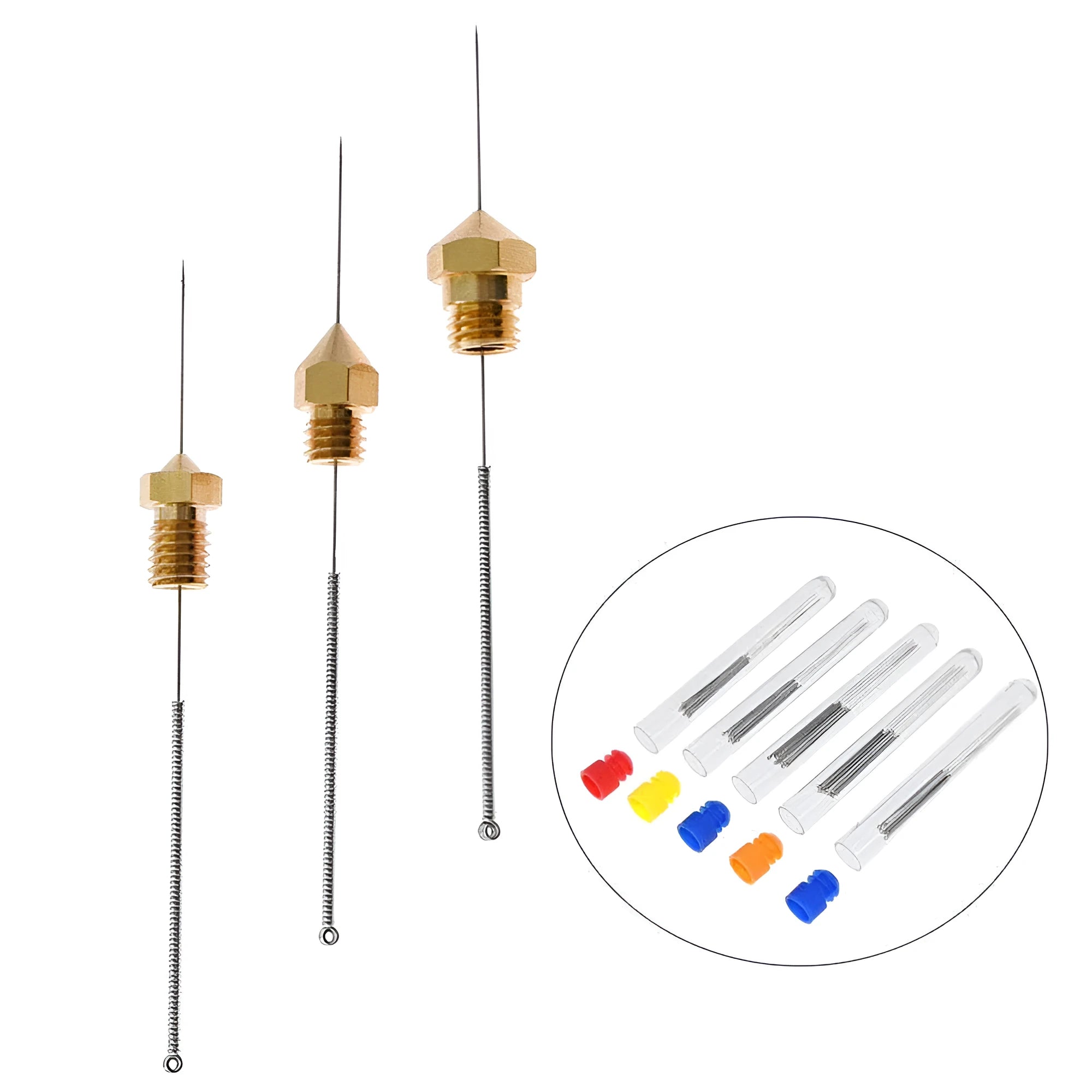 Pack of ten metal cleaning needles for Mk8 and E3D 3D printer nozzles in various diameters.