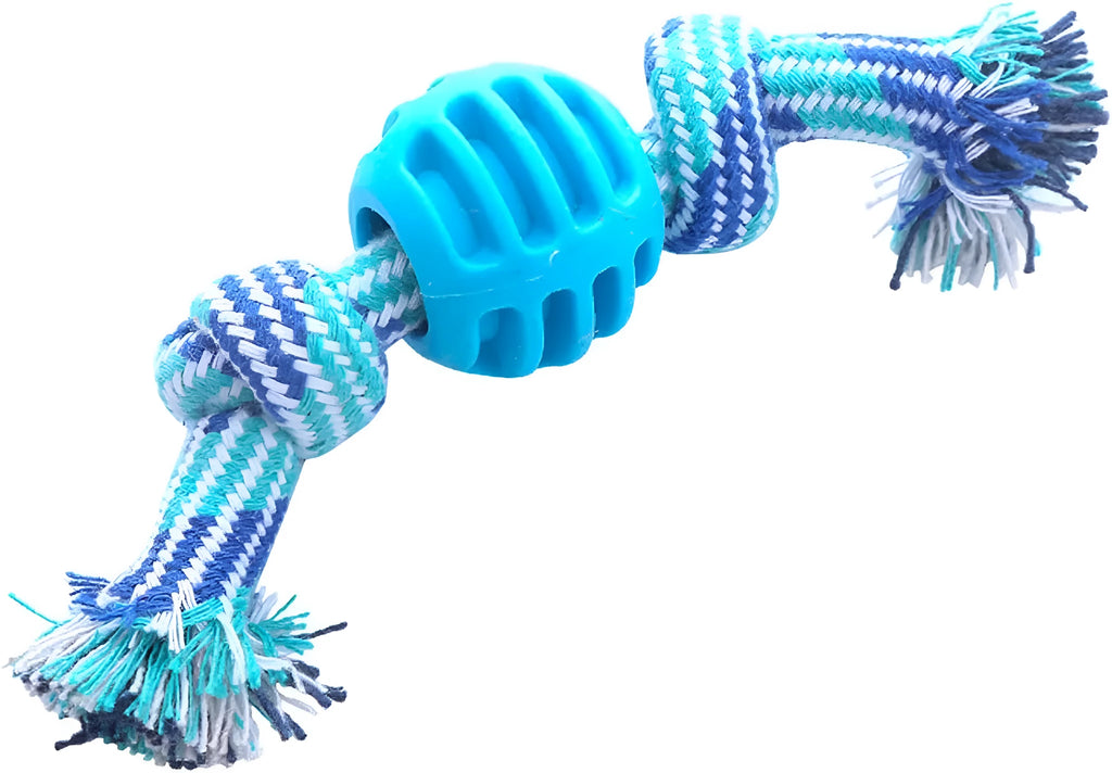 Blue dog chew toy with rope strands for dental care, 23 cm length