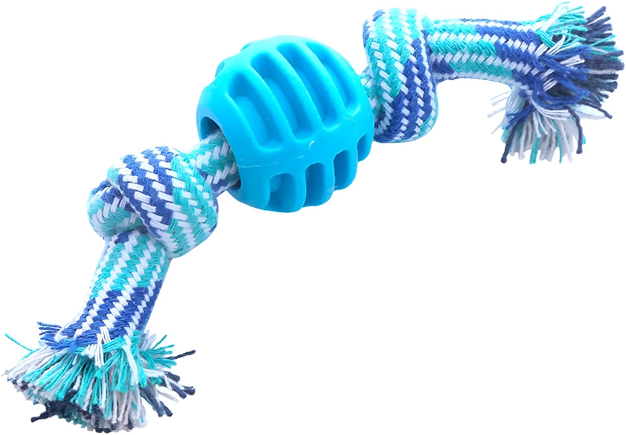 Blue dog chew toy with rope strands for dental care, 23 cm length