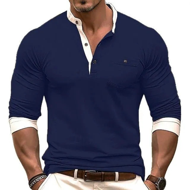 Men's solid colour long sleeve cotton t-shirt on hanger in grey, shown in Asian sizes S to XXXL.