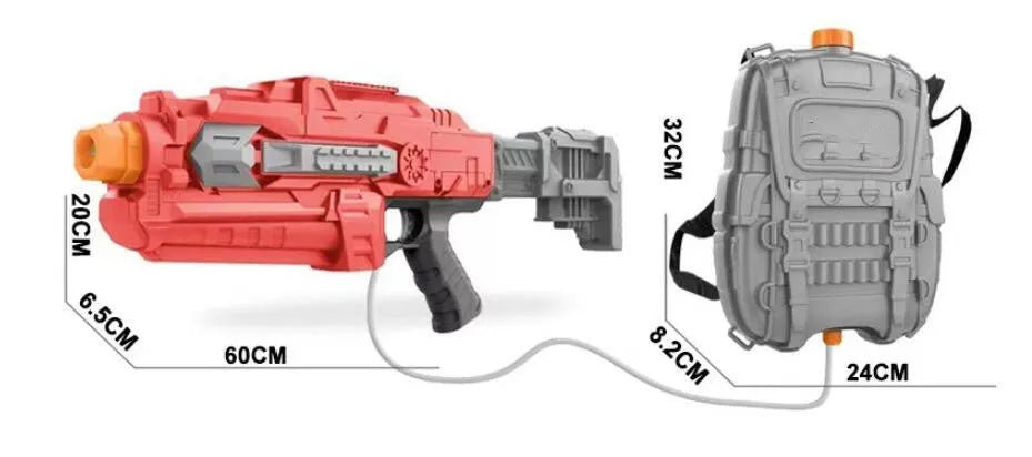 Electric automatic suction water gun with 4000ml red backpack on display