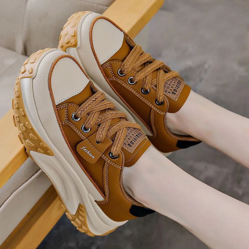 Women's casual sneakers with platform wedge heel in black, white, and yellow solid colour, breathable mesh inner, round toe