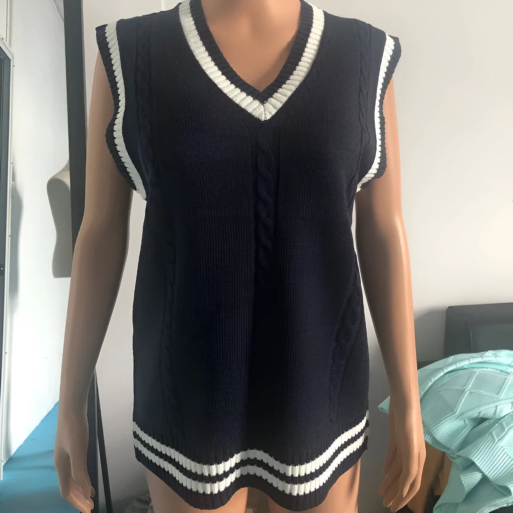 Women's V-neck knitted waistcoat sweater with striped stitching detail in acrylic fibre