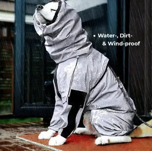 Dog wearing a reflective waterproof polyester raincoat in size M to 5XL for outdoor rain protection