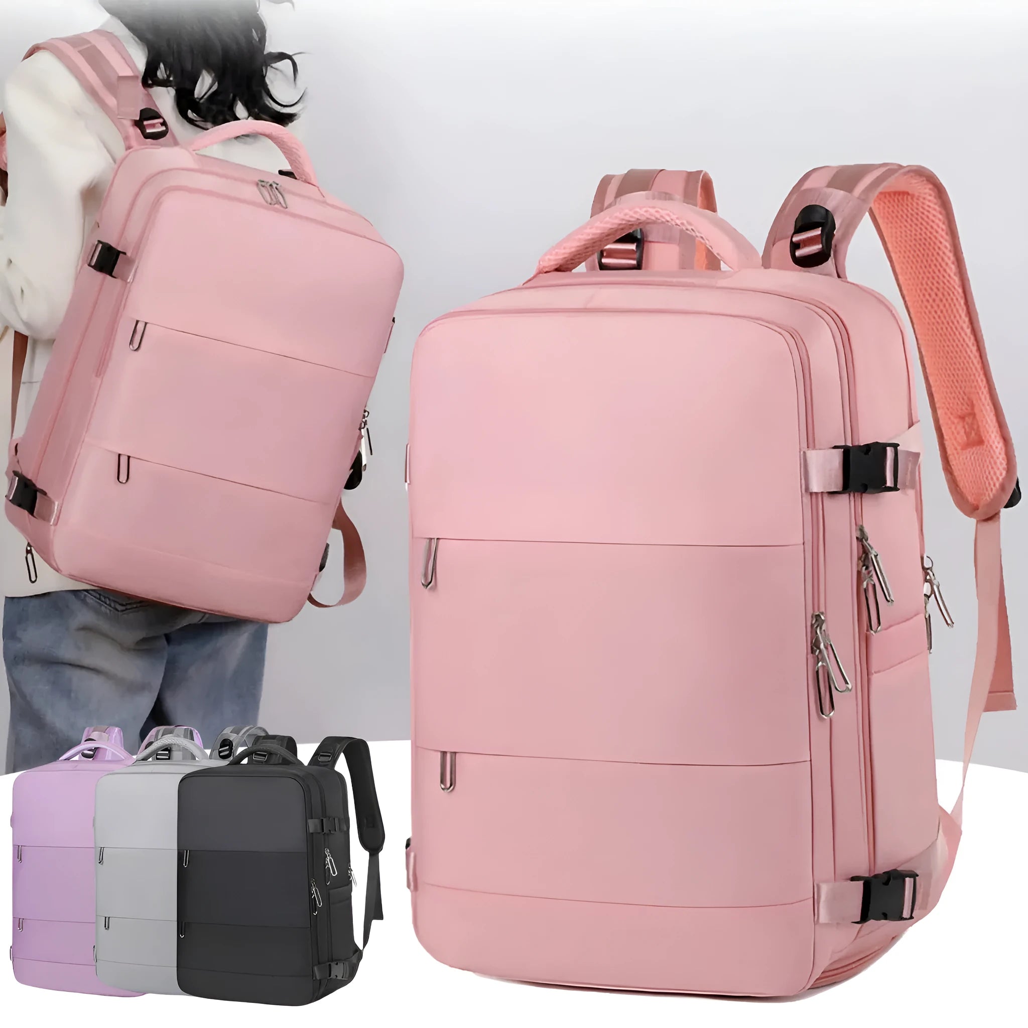 Large purple waterproof travel backpack for women with multiple compartments and an air pillow belt strap.