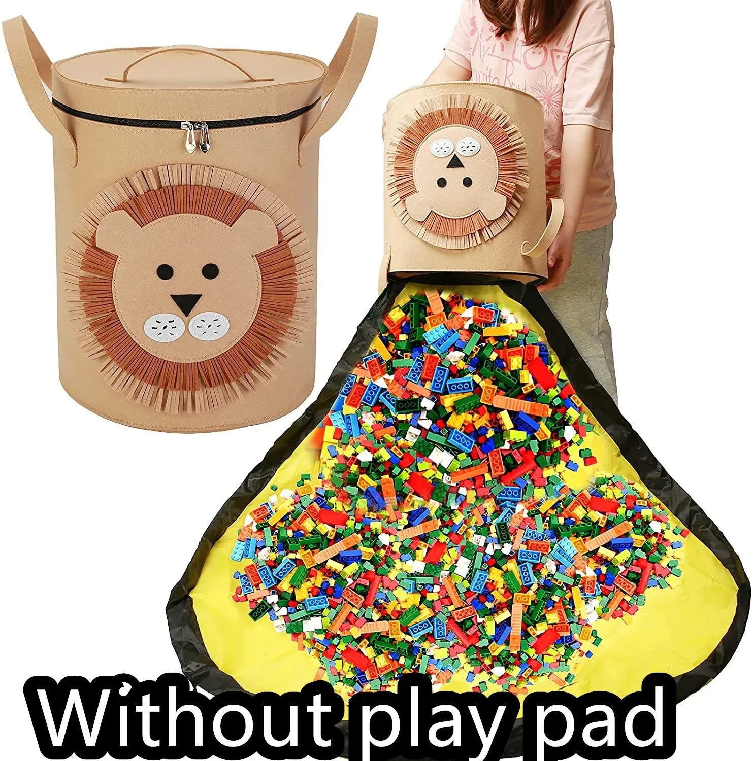 Green felt cube storage bag with pull rope open as a floor play mat for toys.