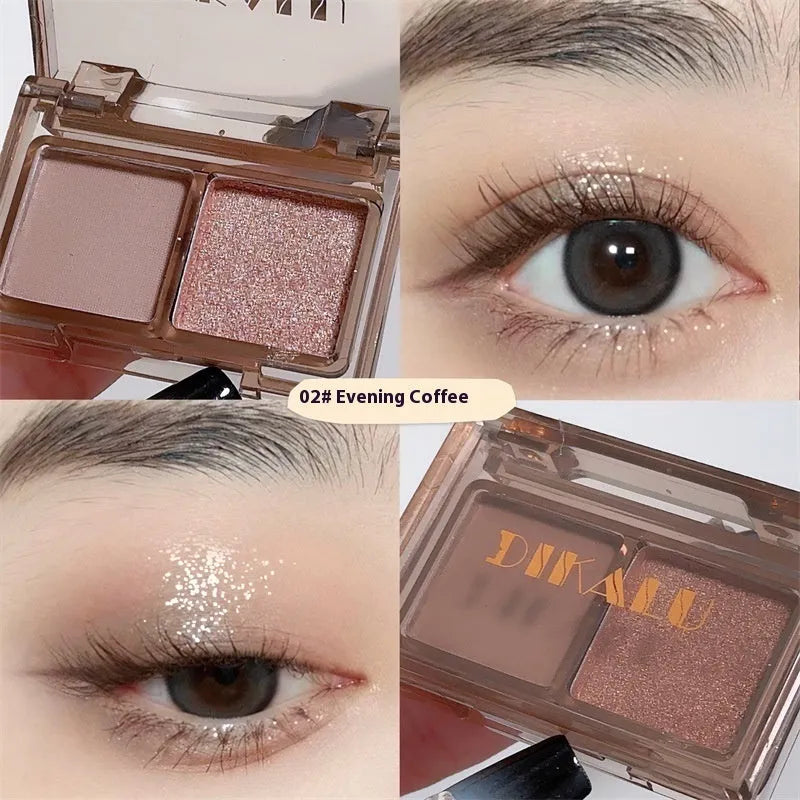 Cool two-tone eyeshadow plate showing pink and black shades with matte and shimmer finishes