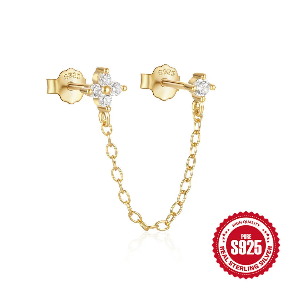 S925 sterling silver ear clip studs with flower, tassel and chain design in golden electroplated finish