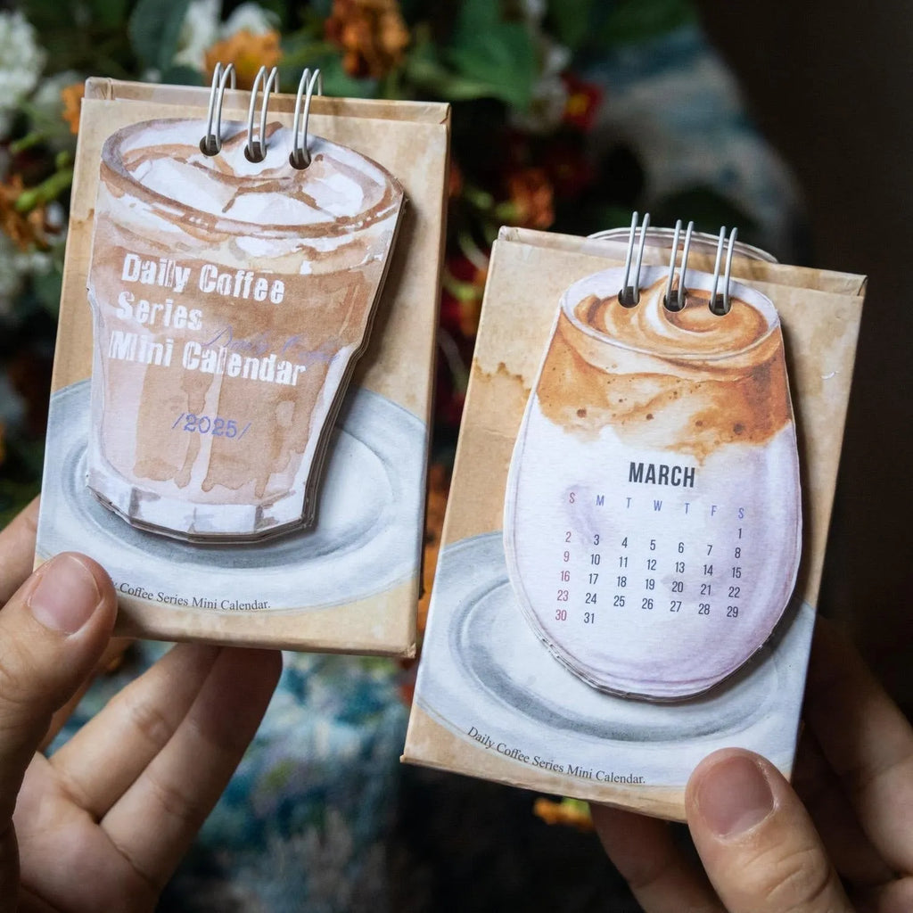Coffee-themed 2025 mini desk calendar showing four simple modern design options
