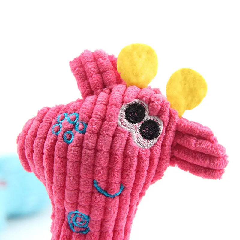 Deer-shaped blue plush dog toy with corn grain texture and squeaker sound