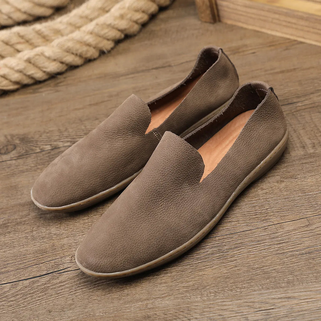 Handmade men's casual shoes in cowhide leather with wedge heel, shown in khaki colour