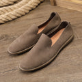 Handmade men's casual shoes in cowhide leather with wedge heel, shown in khaki colour
