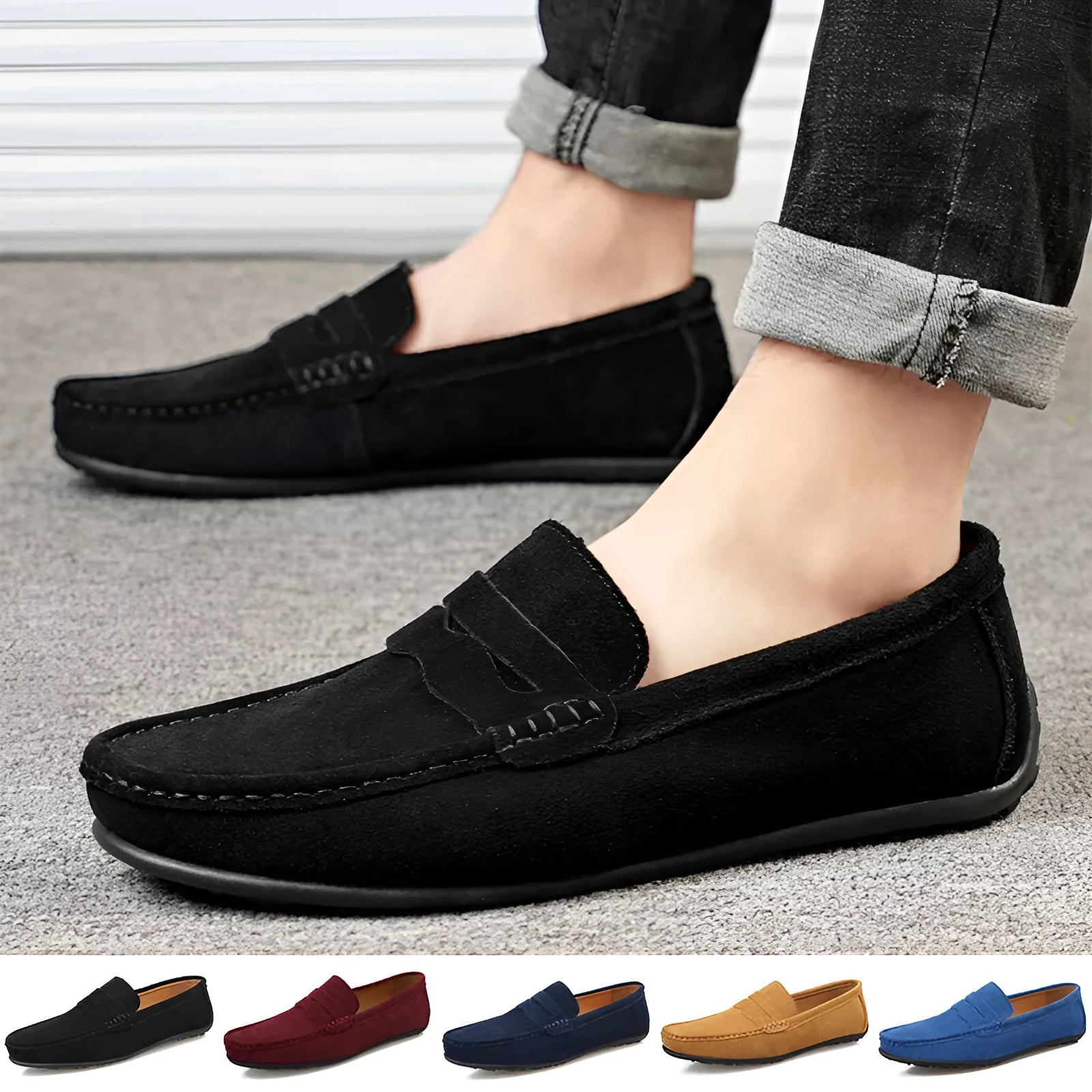 Men's suede loafers in black with round toe and flat rubber sole