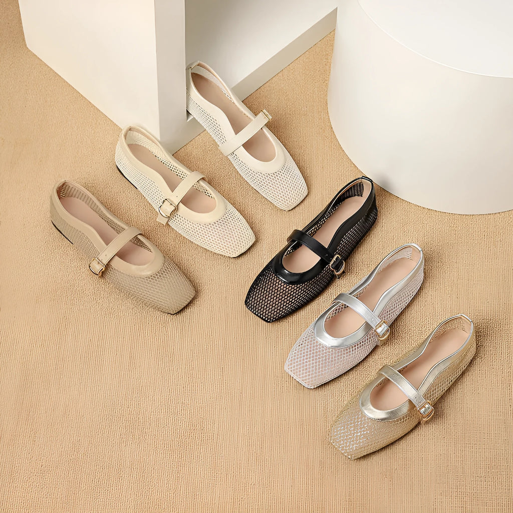 Women's breathable mesh low heel pumps with square toe and buckle fastening in various colours