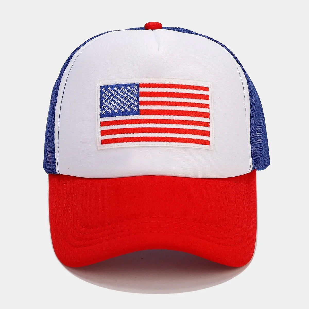 Red and blue contrast adjustable mesh baseball cap with dome crown construction