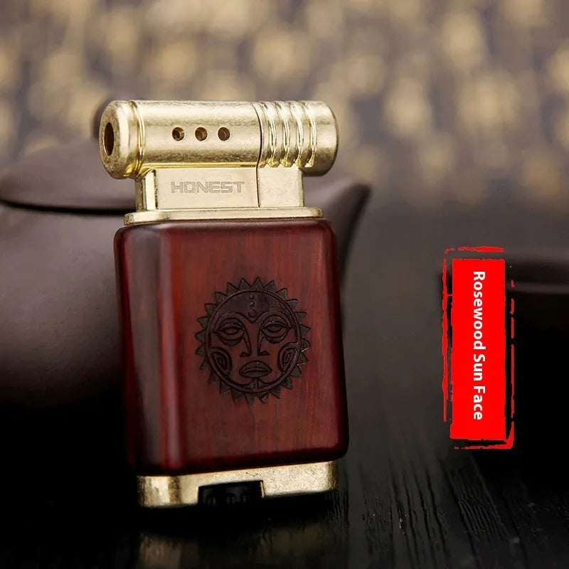 Ebony gas lighter with metal construction and decorative wood finish options