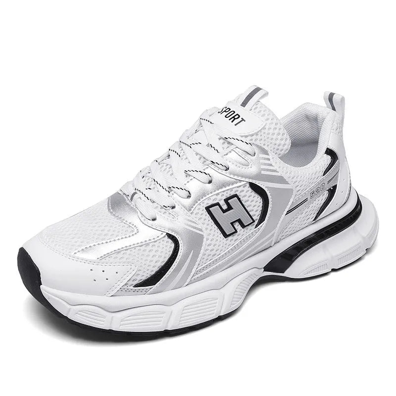 Men's white orange mesh running shoes with round toe and injection moulded sole