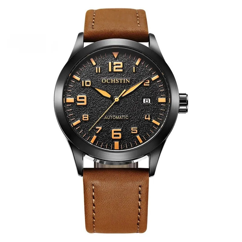 Casual business retro automatic mechanical watch with leather strap and 12mm thickness