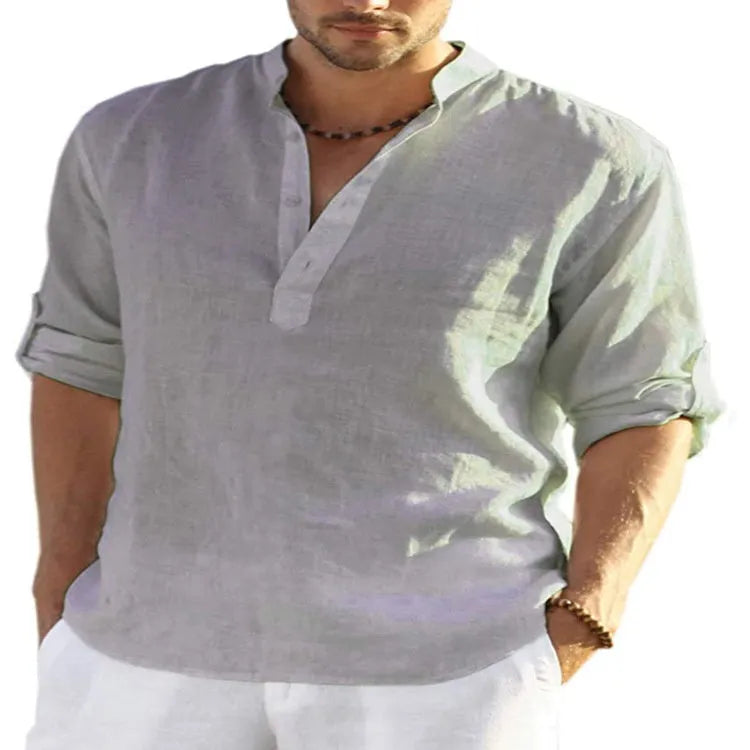 Men's cotton linen shirt with stand collar and long sleeves in solid colour