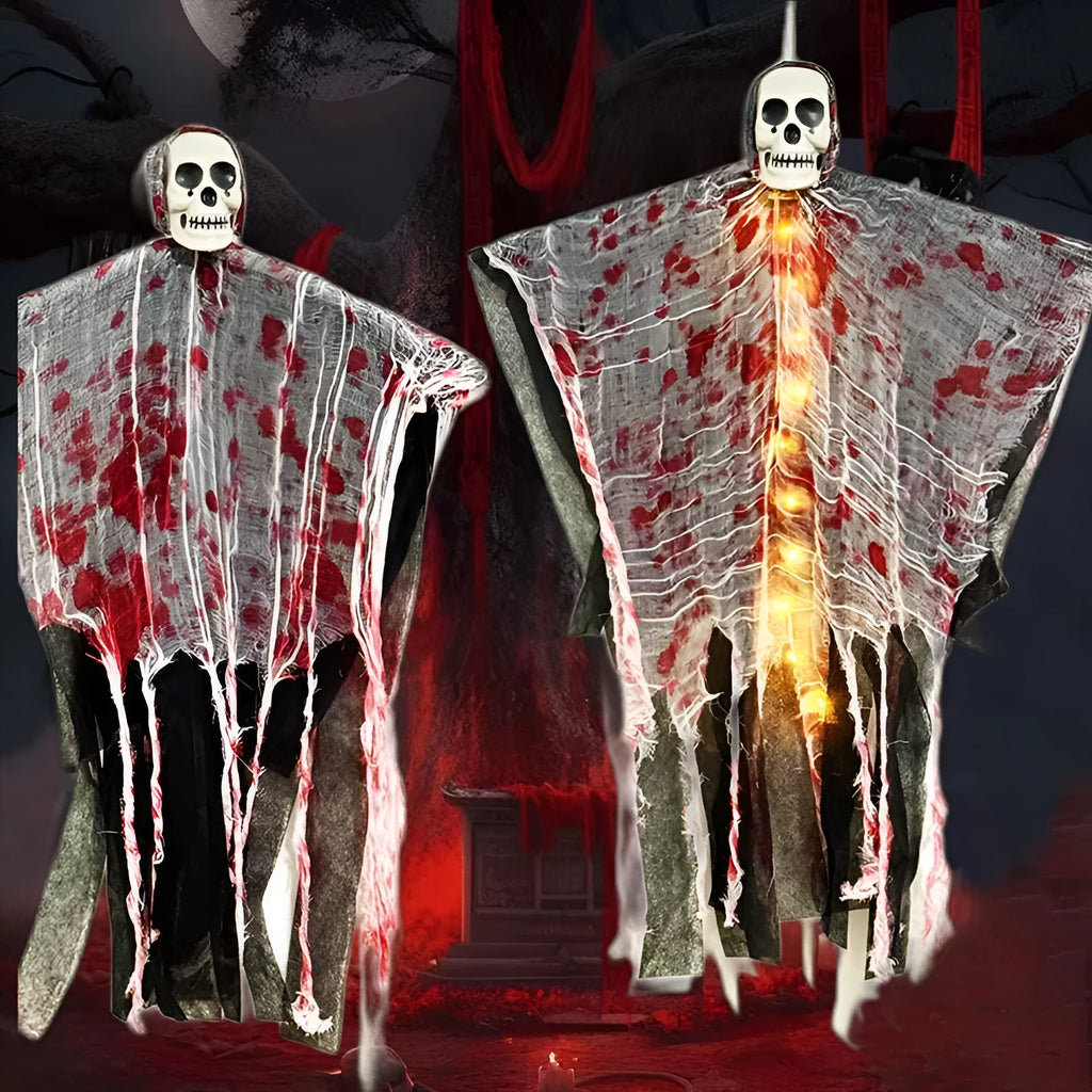 Plastic blood-dyed luminous skull ghost Halloween hanging ornament for outdoor use.