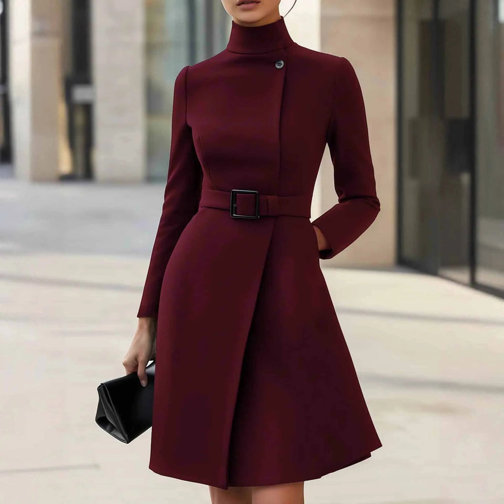 Women's black Bohemian style dress with stand collar, long sleeves, high waist, and zip fastening