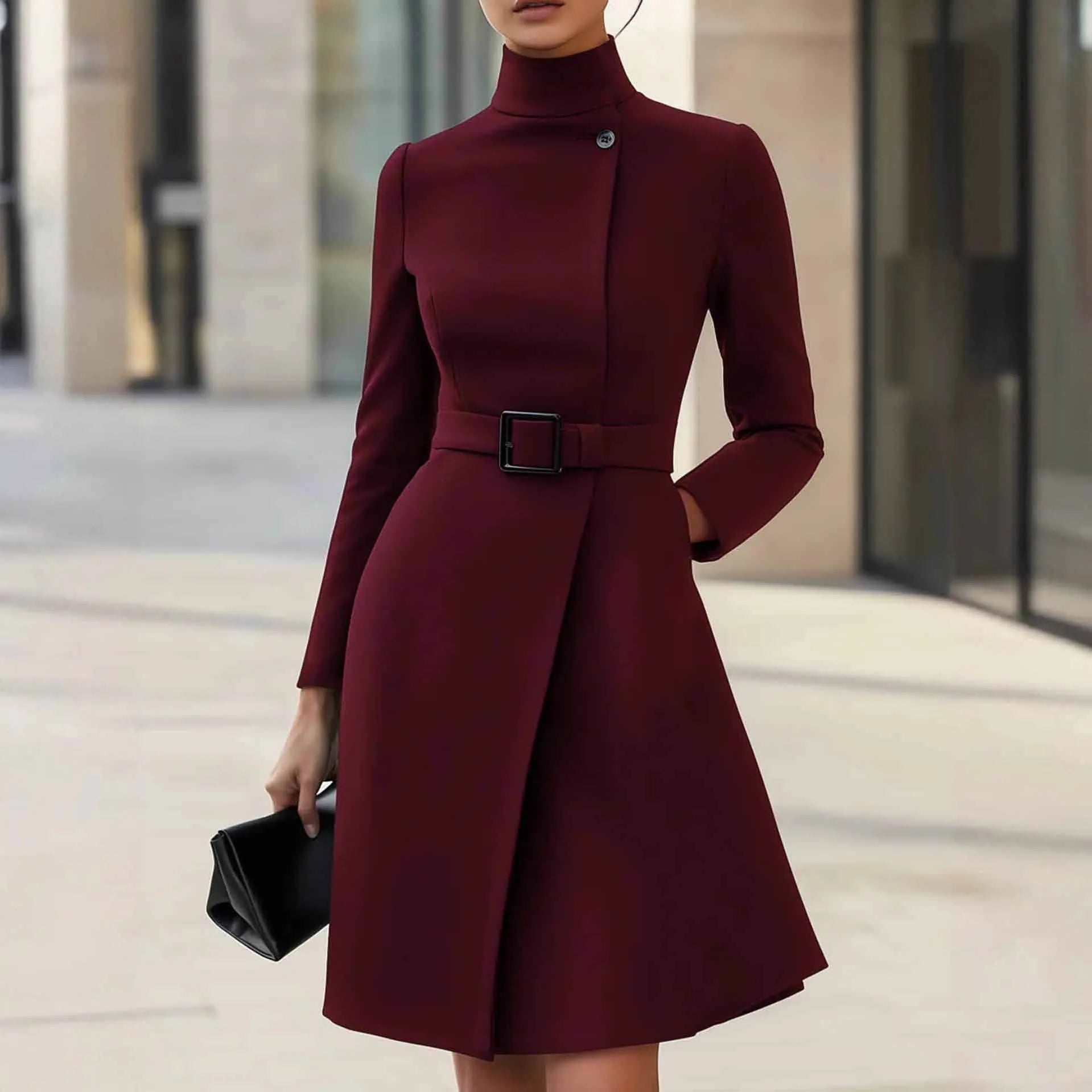 Women's black Bohemian style dress with stand collar, long sleeves, high waist, and zip fastening