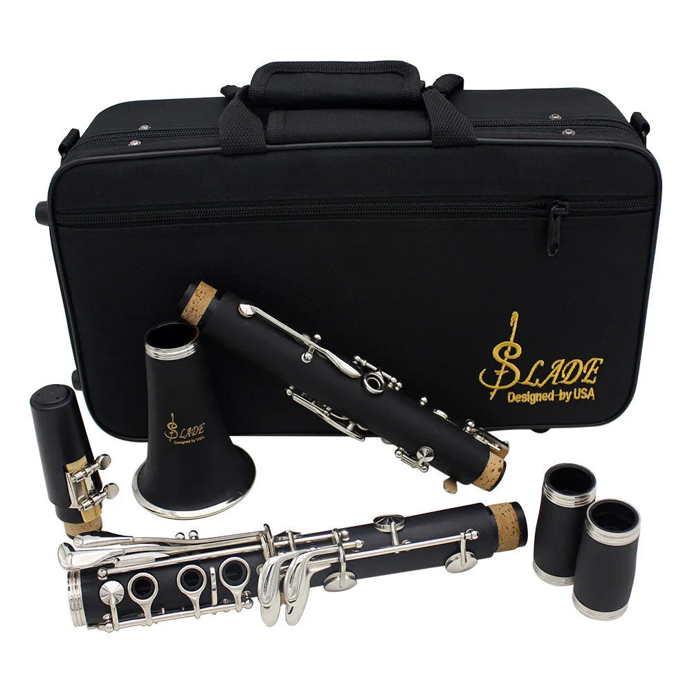 Black beginner bakelite clarinet with 17 nickel keys shown with its storage bag.