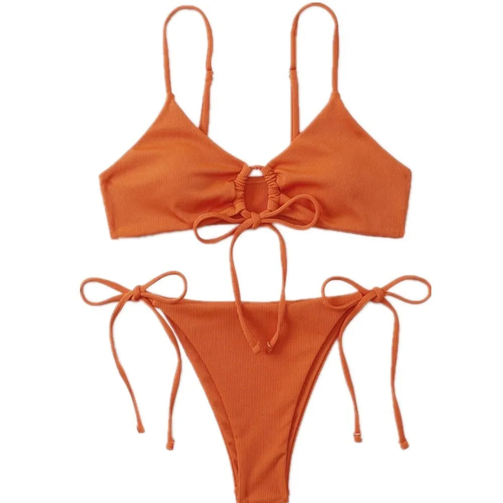 Women's solid colour drawstring swimsuit bikini set in army green with quick-dry fabric