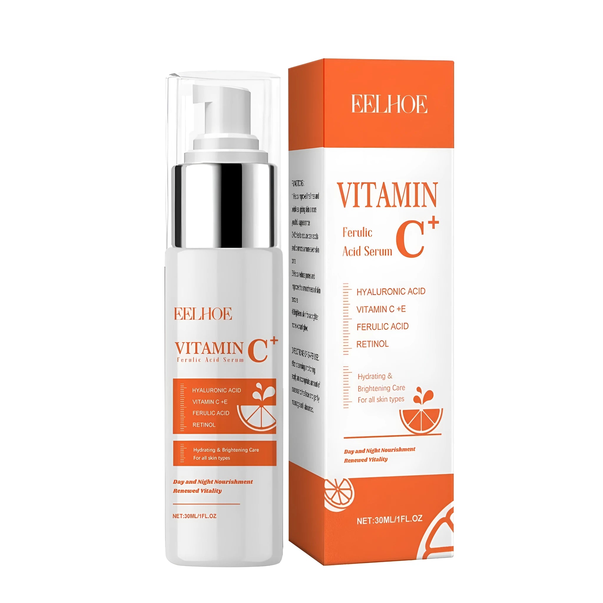 30ml glass bottle of Vitamin C Ferulic Acid Serum with Retinol and Hyaluronic Acid.