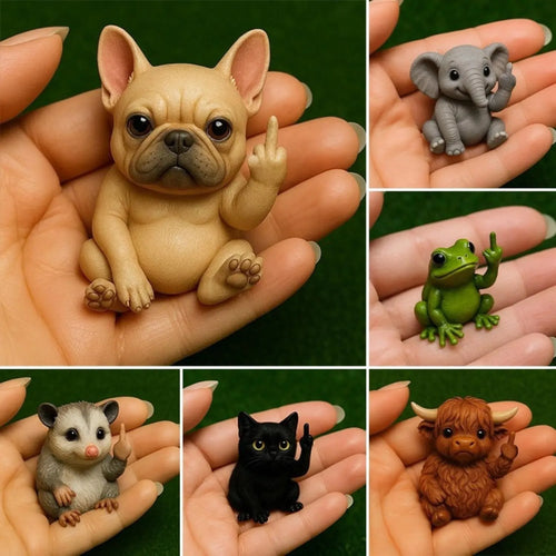 Resin animal middle finger doll in cat, dog, elephant, frog, Highland cattle, mouse, or turtle style.