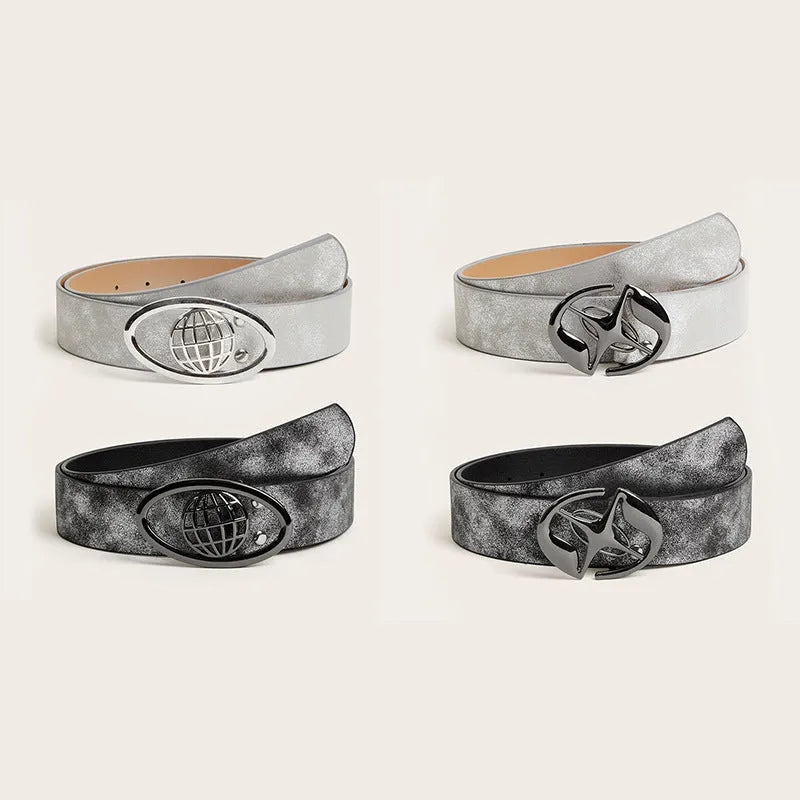 Women's thick retro belt with oval alloy buckle in PU leather, shown in vintage grey white colour