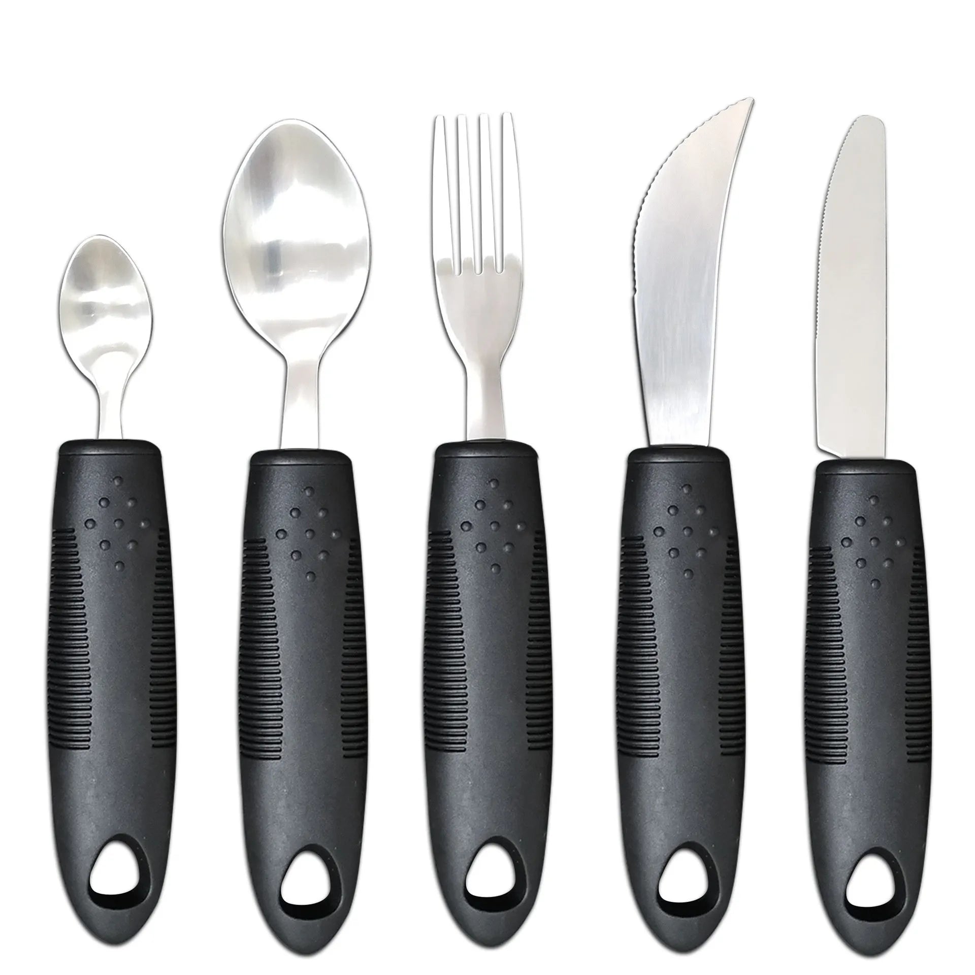 Stainless steel anti-shake cutlery set with rubber handles for adult mealtime assistance