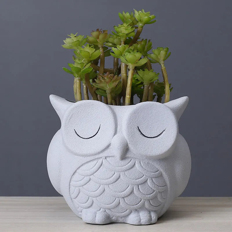 Handmade frosted ceramic owl flower pot in light pink for small succulents.