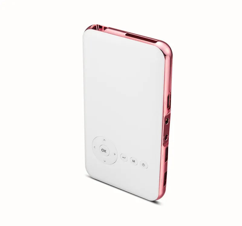White and rose gold M6S miniature portable DLP Android projector with smart phone.