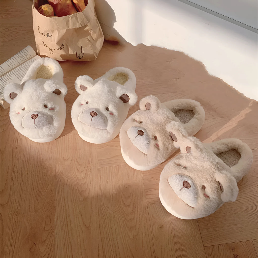 Women's plush slippers with suede upper, fleece lining and cartoon pattern in round toe design
