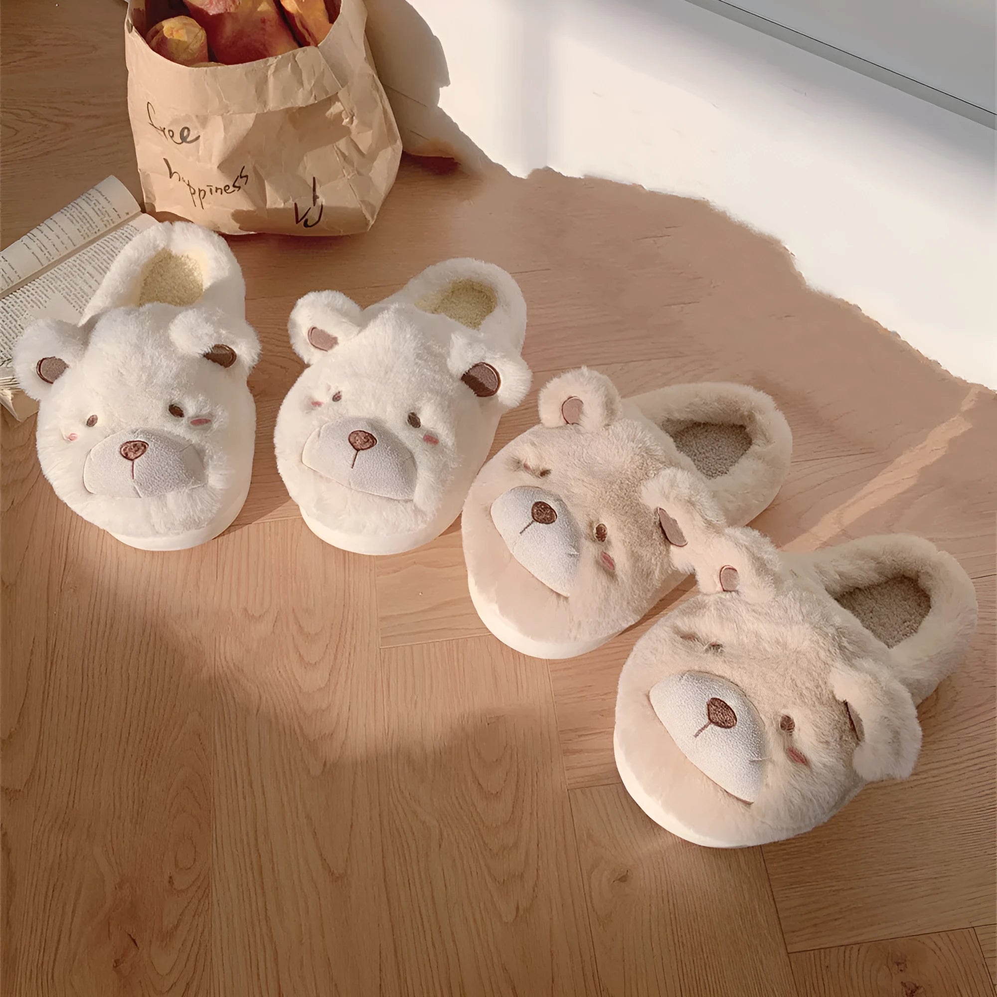 Women's plush slippers with suede upper, fleece lining and cartoon pattern in round toe design