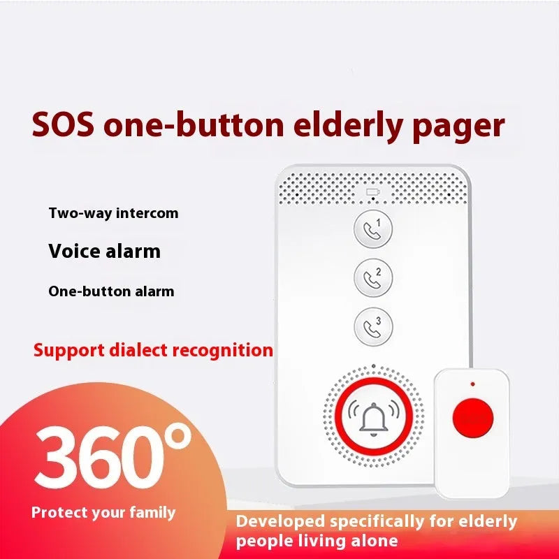 White elderly emergency alert device with a central buzzer unit and three wireless call buttons.