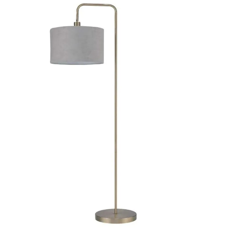 Black LED floor lamp with fabric shade and adjustable head in living room setting