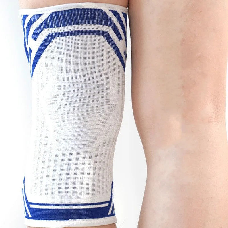 Blue, yellow, and grey high elasticity cotton knee pads for adult sports like basketball and running.