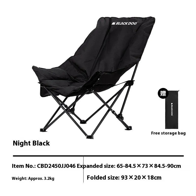 Night black Oxford cloth camping moon chair in folded and unfolded positions