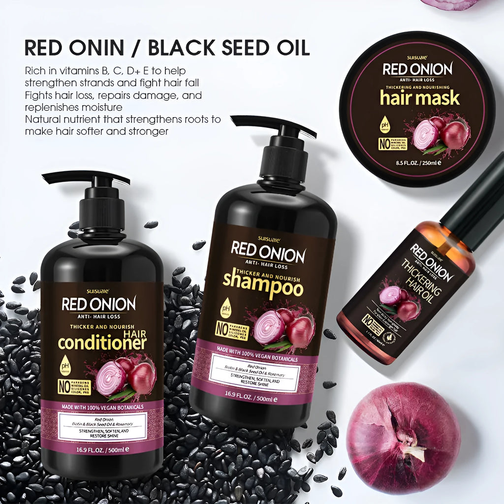 Red onion shampoo conditioner four piece set with hair mask and essential oil bottles