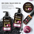 Red onion shampoo conditioner four piece set with hair mask and essential oil bottles