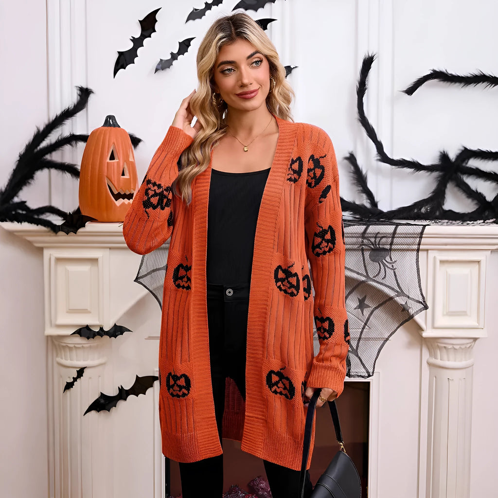Women's black Halloween cardigan with orange and purple jacquard knitted pumpkin head pattern