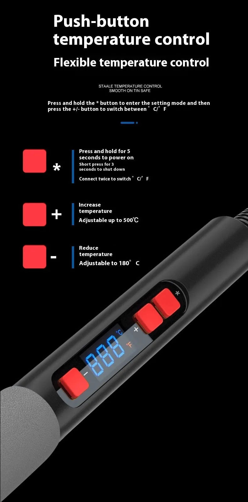 Grey 90W electric soldering iron with ceramic heating core and five soldering tips