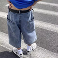Blue washed denim pirate shorts for men with high waist and cropped straight leg