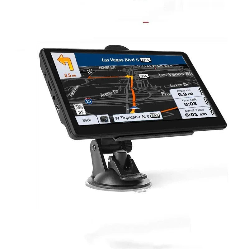 Black portable car GPS navigation device with a 7-inch touchscreen, shown mounted on a car windscreen with bracket.