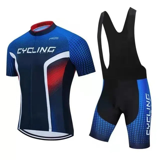 Cycling jersey set showing short sleeve moisture absorbing top and matching pants for summer biking.